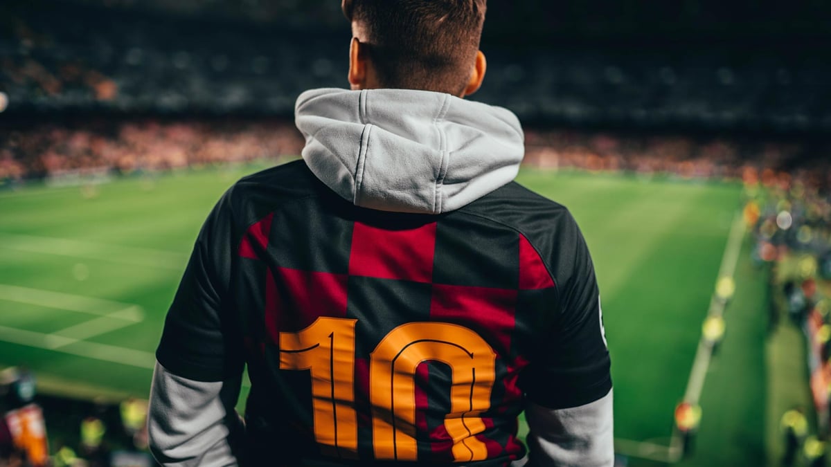 En supporter tittar på en stor fotbollsmatch.