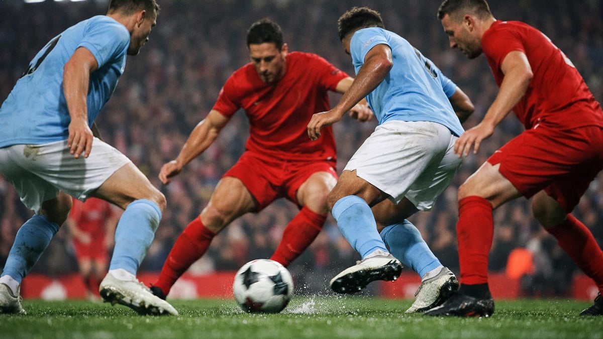 Spelare i rött och ljusblått kämpar om bollen i en intensiv fotbollsmatch under strålkastarljus.