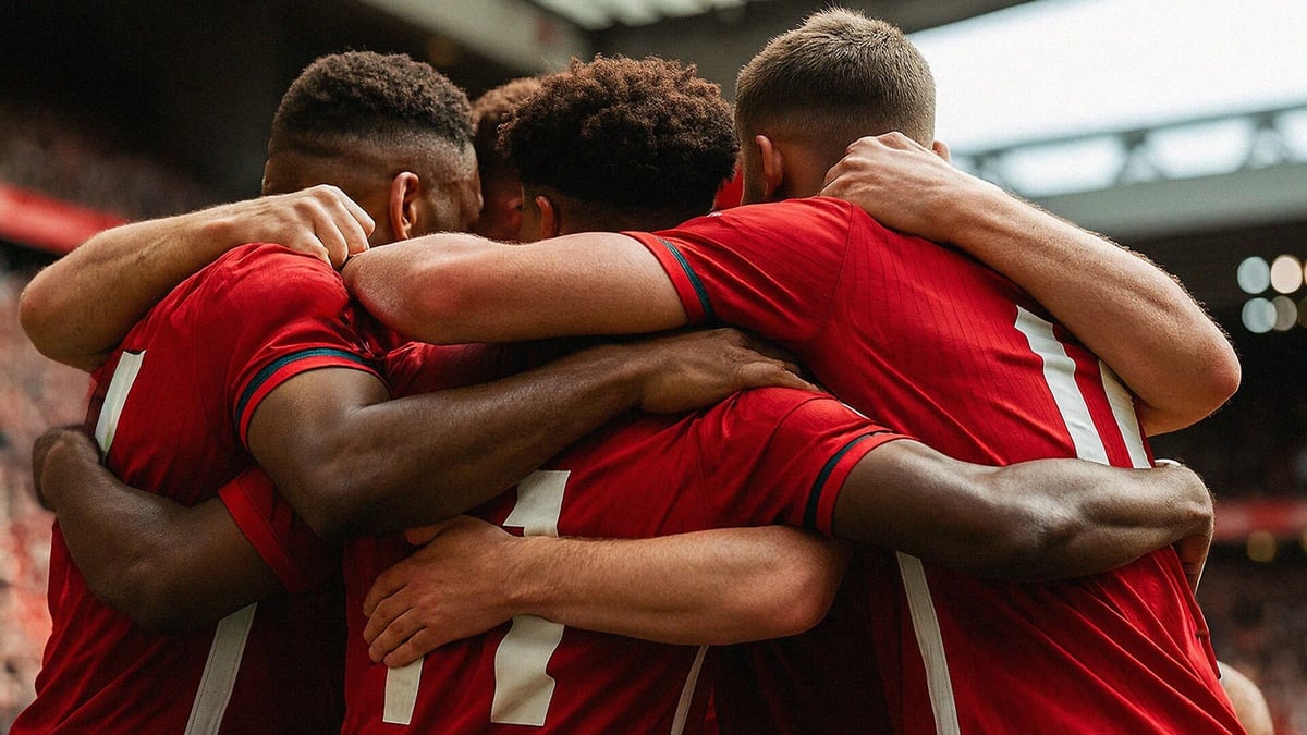 Fotbollsspelare gruppkramas efter en seger.