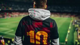 En supporter tittar på en stor fotbollsmatch.